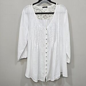 Lungo L'Arno Linen Lace Shirt Top Plus Size 2X White Boho Romantic Coastal Tunic